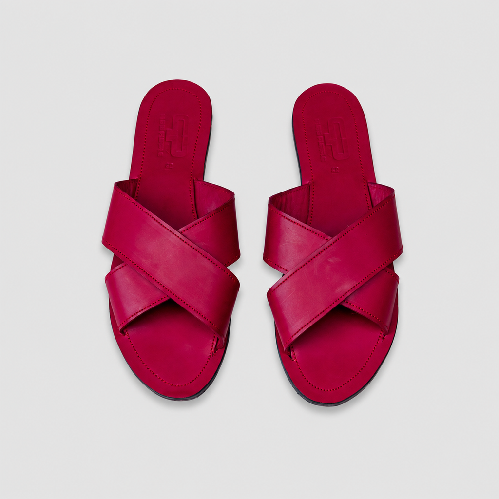 AWINO Women’s Leather Cross-Strap Slide Sandals with Upcycled Rubber Sole