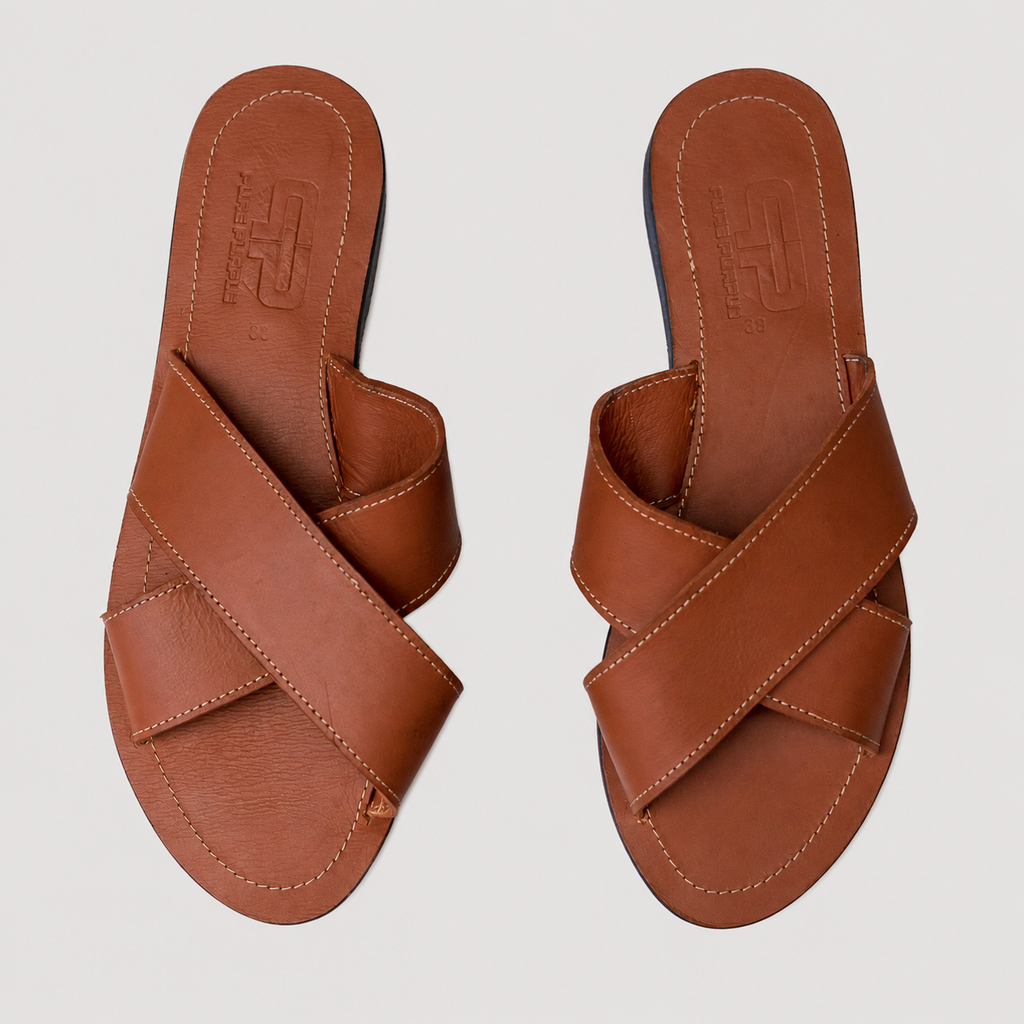 AWINO Women’s Leather Cross-Strap Slide Sandals with Upcycled Rubber Sole