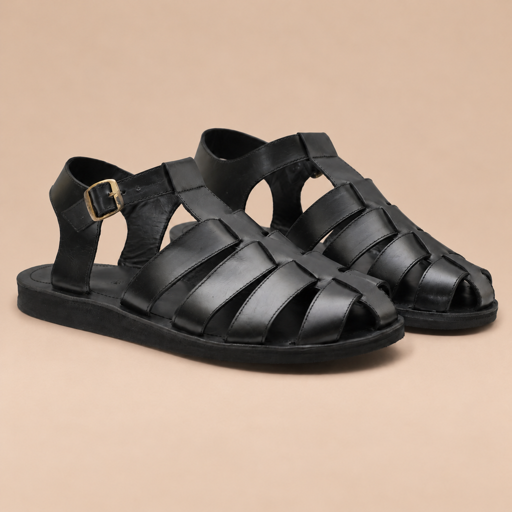 ODERO Men’s Leather Fisherman Sandals with Upcycled Rubber Sole