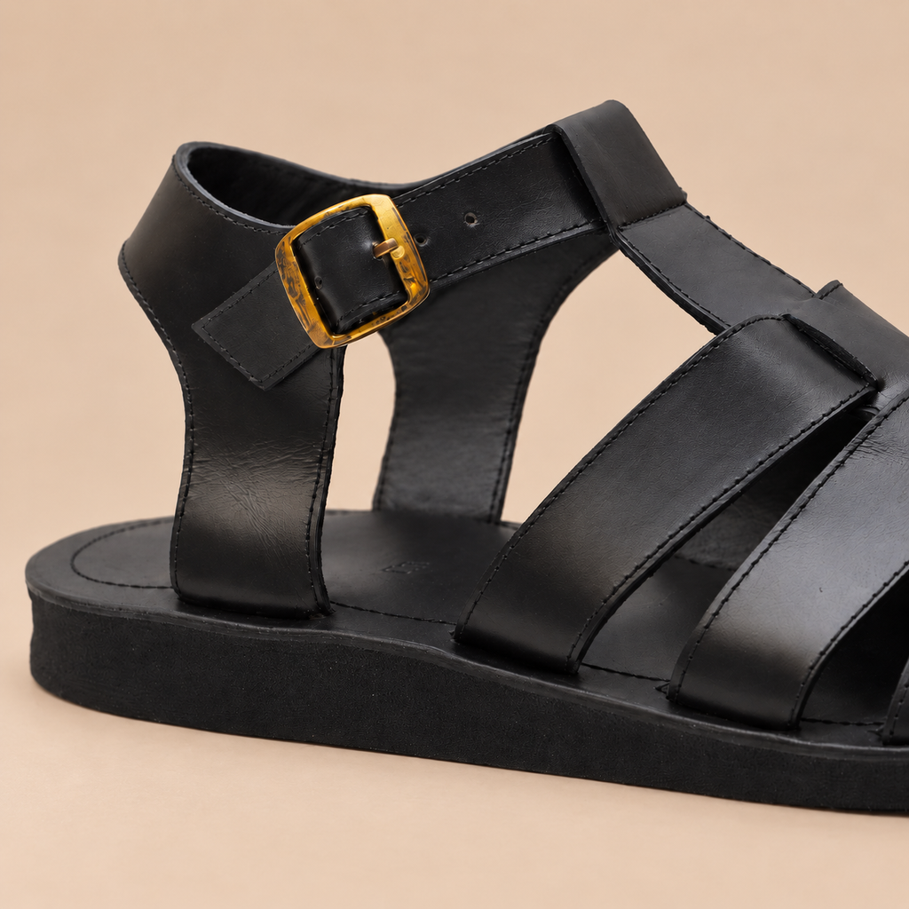 ODERO Men’s Leather Fisherman Sandals with Upcycled Rubber Sole