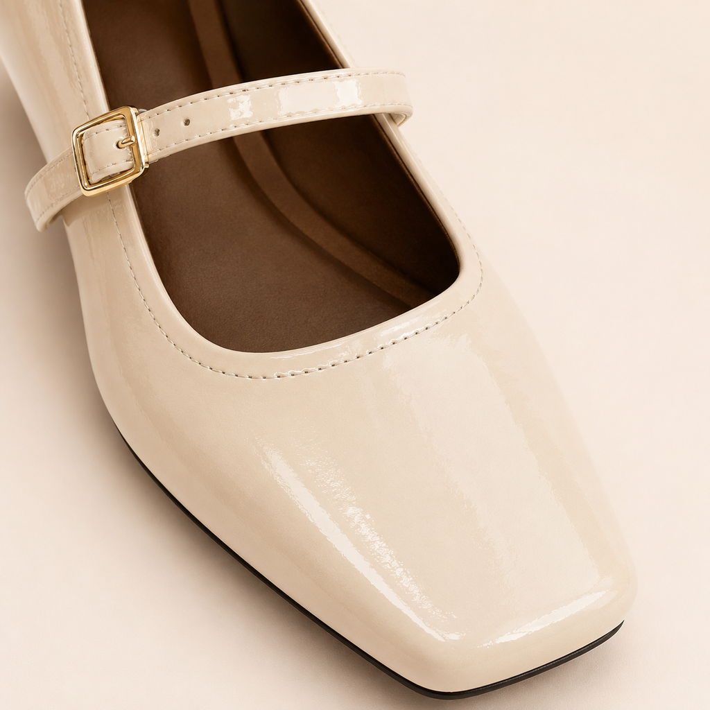 Classic Patent Mary Jane Pumps – Low Block Heel Vegan Leather Shoes