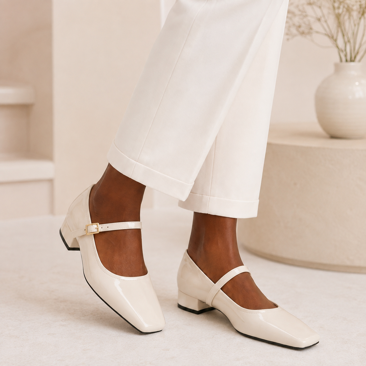 Classic Patent Mary Jane Pumps – Low Block Heel Vegan Leather Shoes