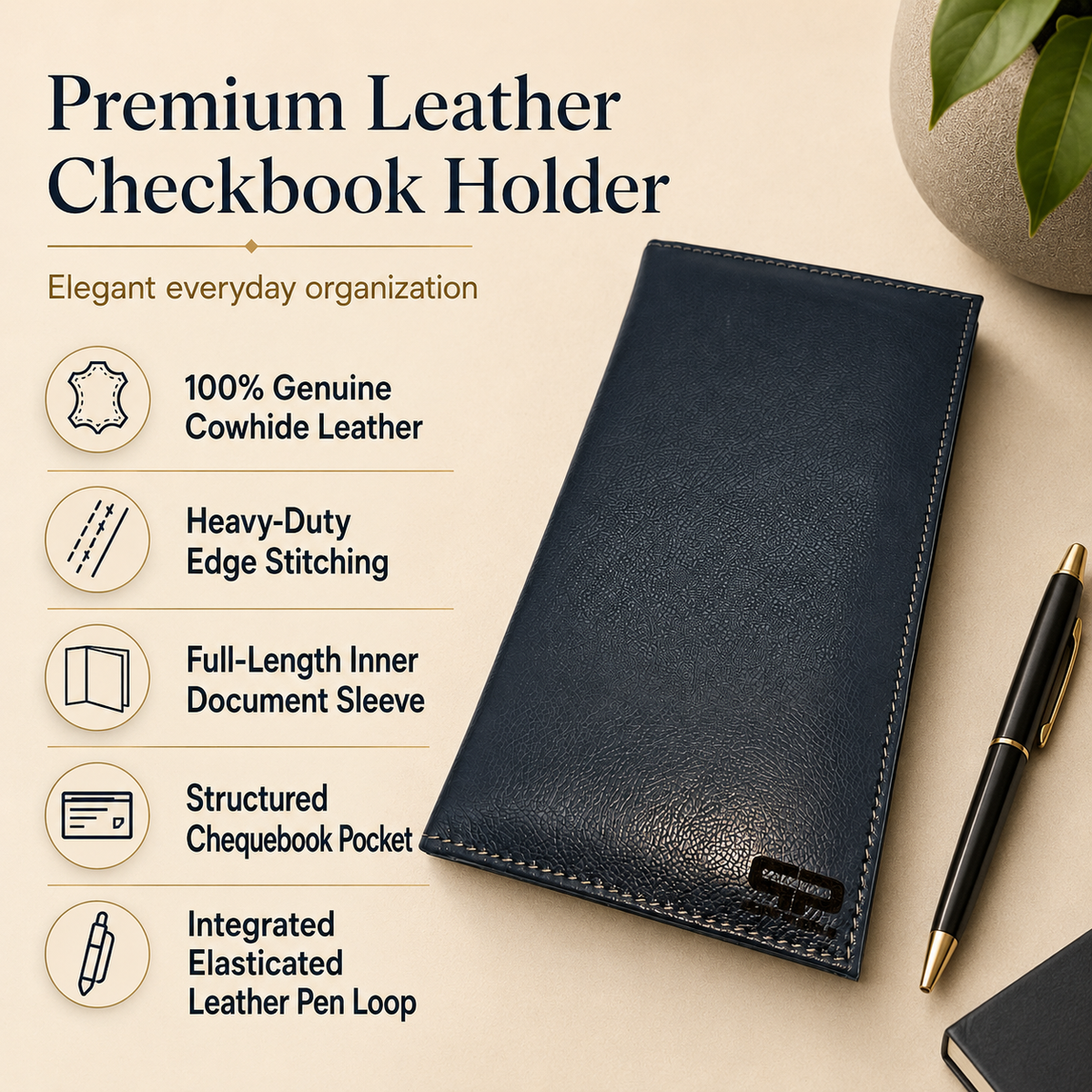 Handcrafted Cowhide Leather Cheque Book Holder & Document Organizer with Pen Loop