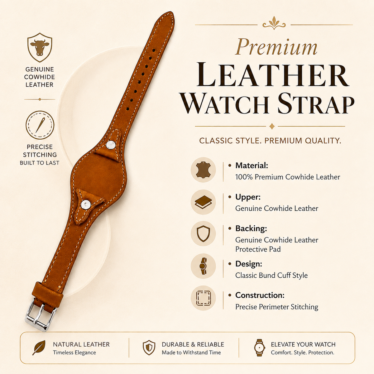 Genuine Cowhide Leather Bund Watch Strap – Vintage Cuff Style