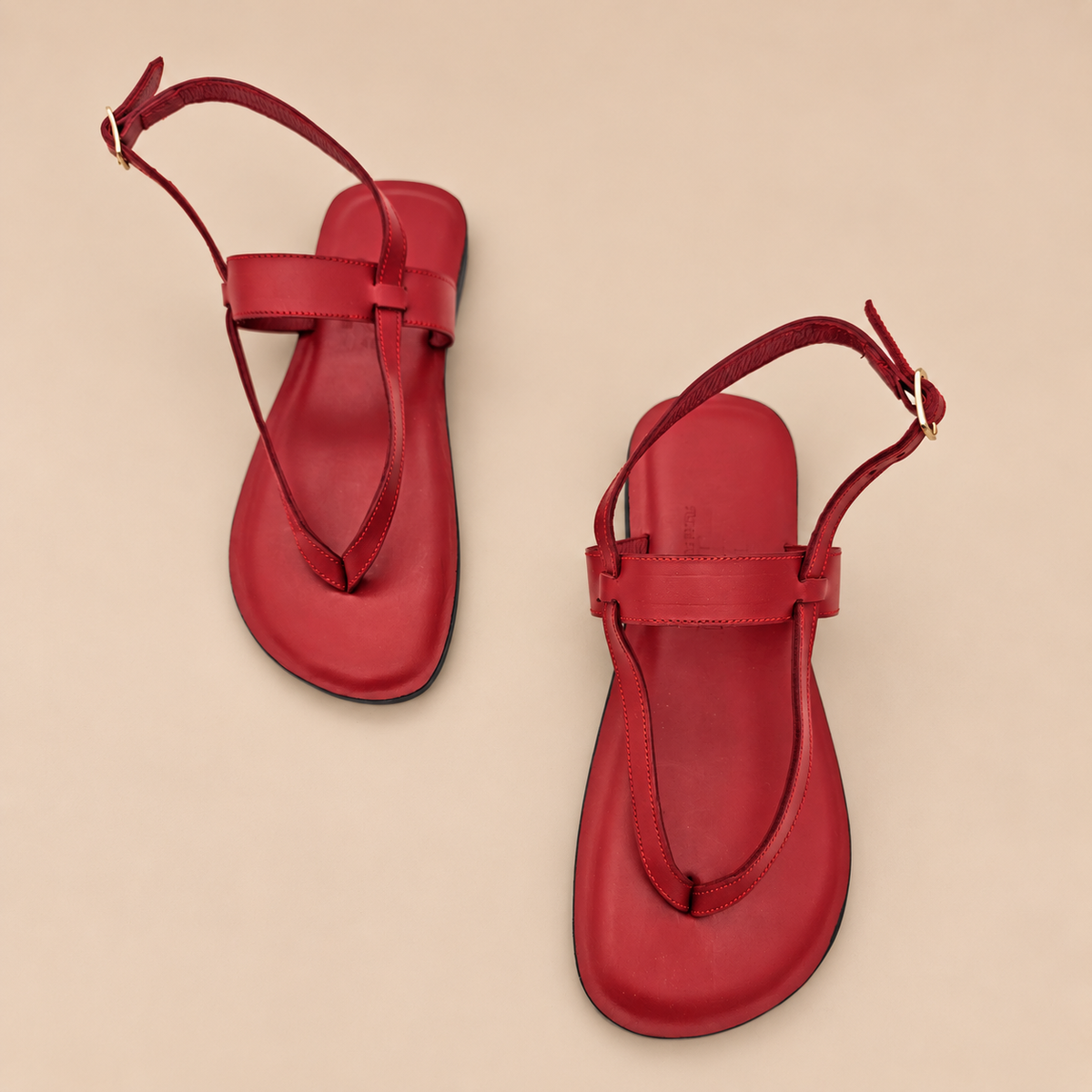 HAWI_Women’s Classic Leather T-Strap Slingback Sandals with Gold-Finish Buckle