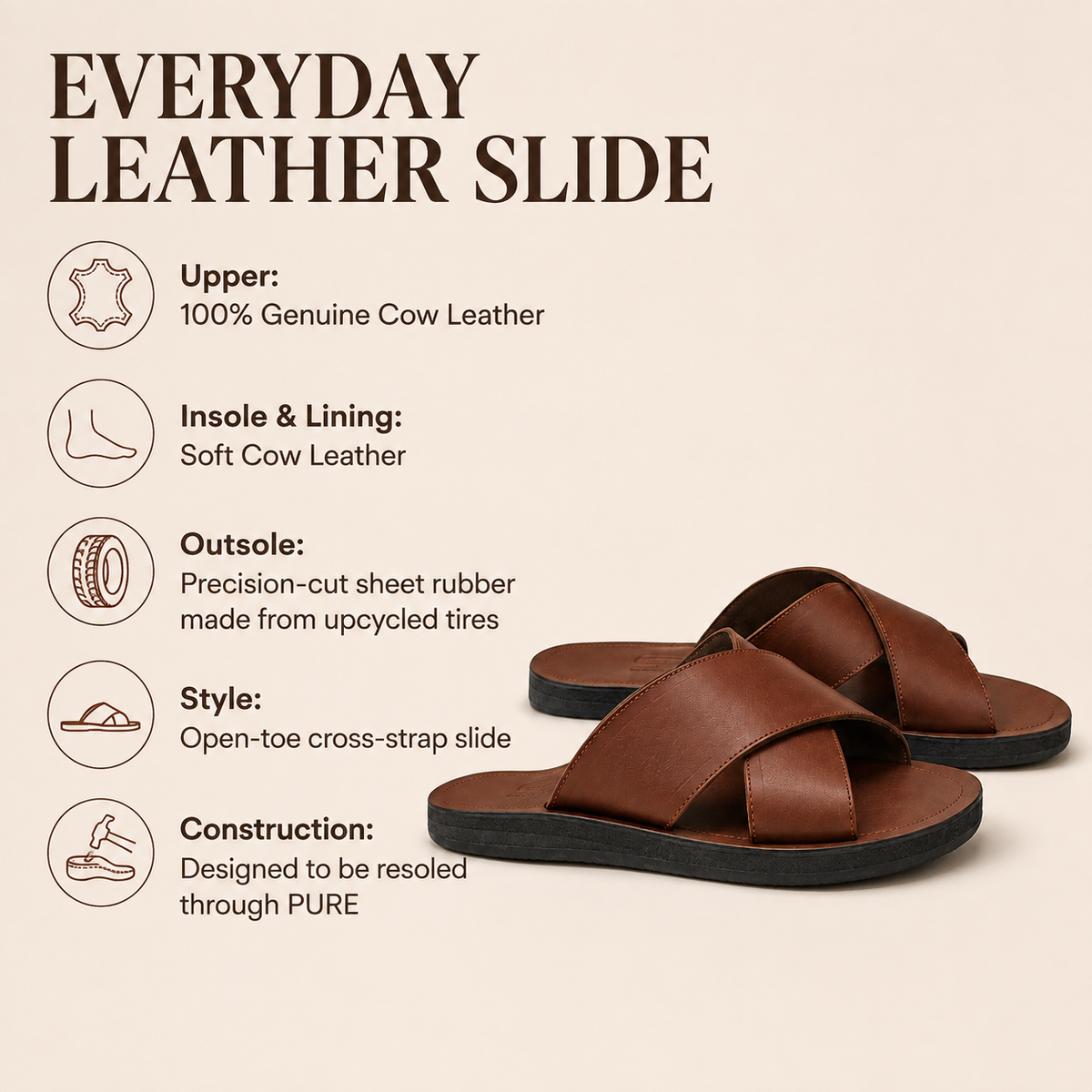 OWINO Men’s Leather Cross-Strap Slide Sandals with Upcycled Rubber Sole