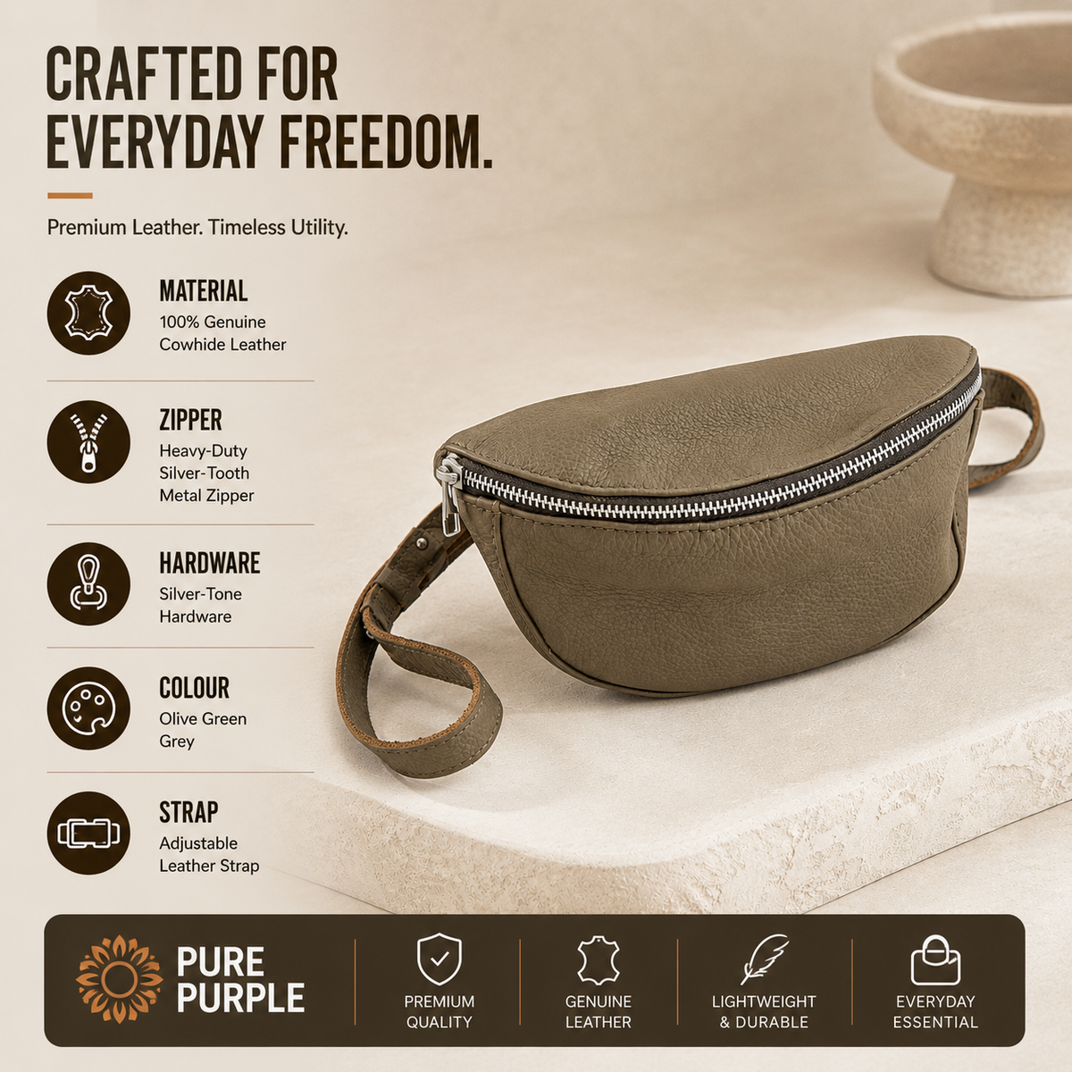 Handcrafted Cowhide Leather Waist Bag – Olive Green Grey with Silver Hardware