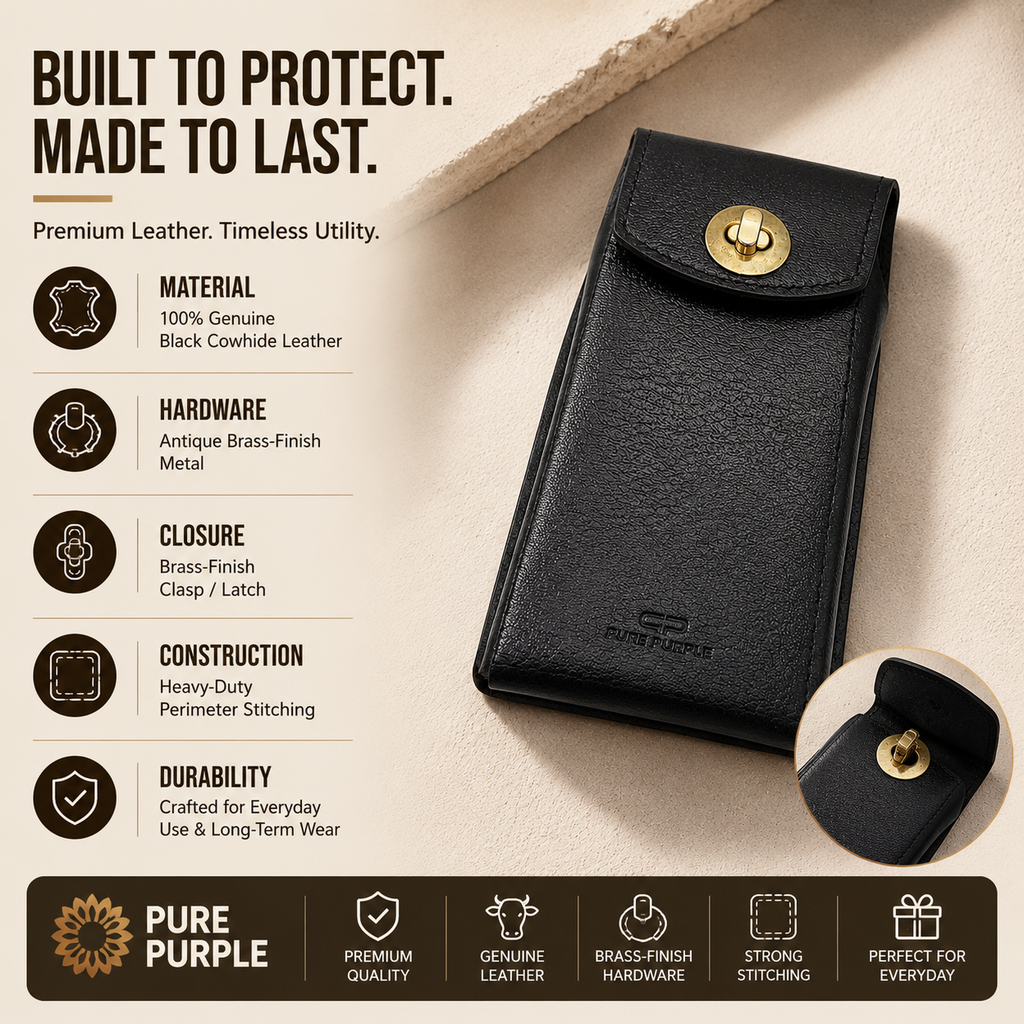 Handcrafted Black Cowhide Leather Phone Case – 17.5 × 9.5 × 2 cm with Brass-Finish Clasp