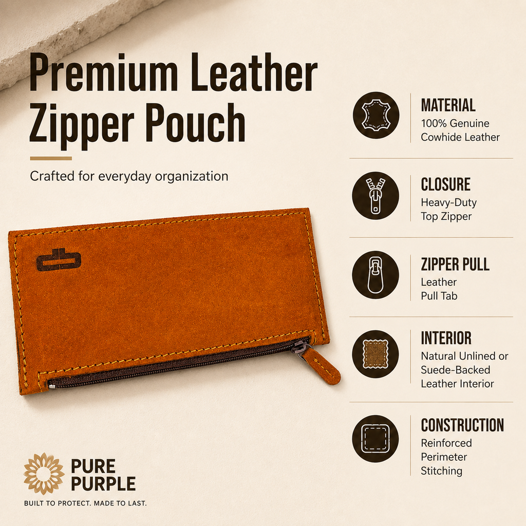 Handcrafted Cowhide Leather Pencil Case – 7.5 × 18.5 cm Zipper Pouch