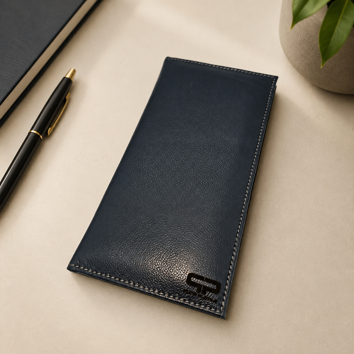Handcrafted Cowhide Leather Cheque Book Holder & Document Organizer with Pen Loop