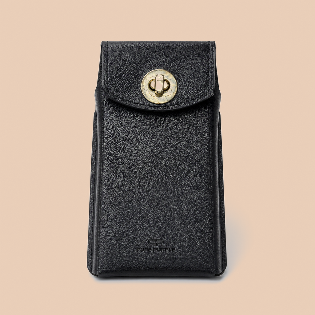 Handcrafted Black Cowhide Leather Phone Case – 17.5 × 9.5 × 2 cm with Brass-Finish Clasp
