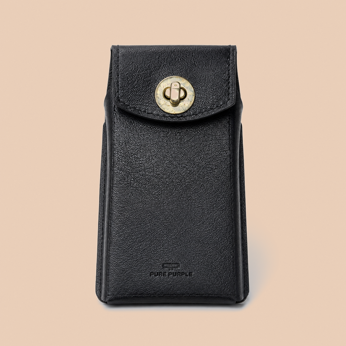 Handcrafted Black Cowhide Leather Phone Case – 17.5 × 9.5 × 2 cm with Brass-Finish Clasp