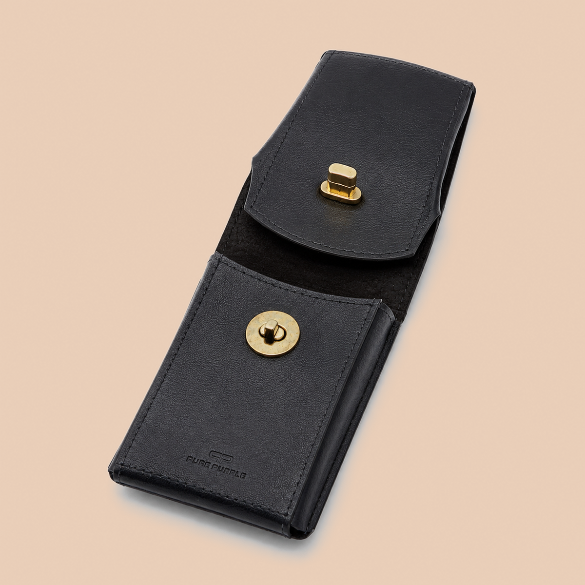 Handcrafted Black Cowhide Leather Phone Case – 17.5 × 9.5 × 2 cm with Brass-Finish Clasp