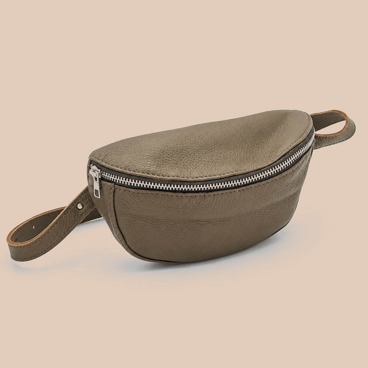 Handcrafted Cowhide Leather Waist Bag – Olive Green Grey with Silver Hardware