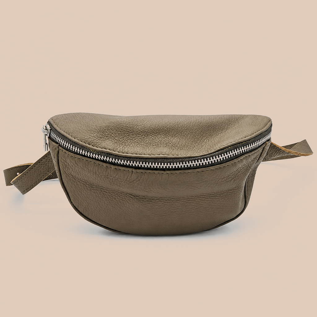 Handcrafted Cowhide Leather Waist Bag – Olive Green Grey with Silver Hardware
