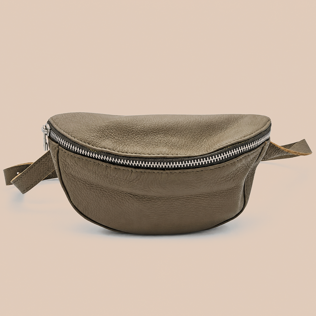 Handcrafted Cowhide Leather Waist Bag – Olive Green Grey with Silver Hardware