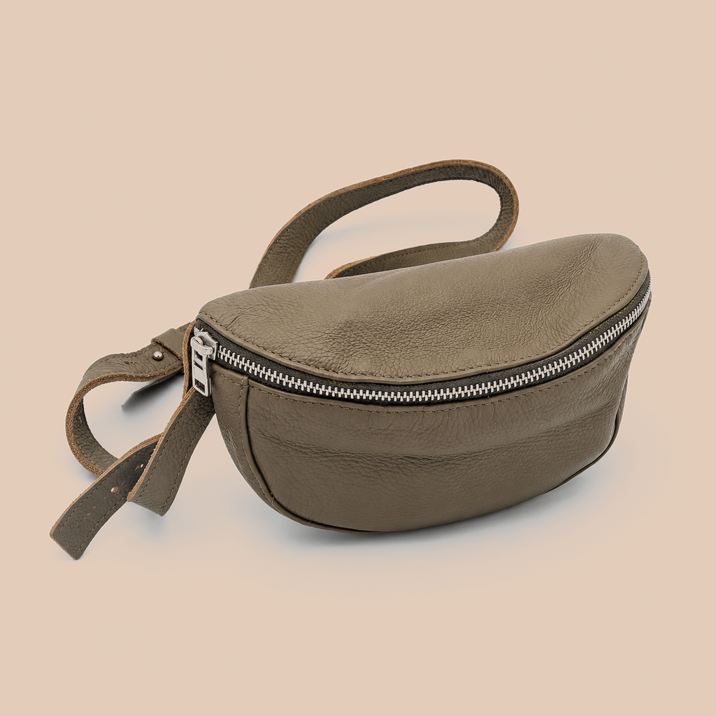 Handcrafted Cowhide Leather Waist Bag – Olive Green Grey with Silver Hardware