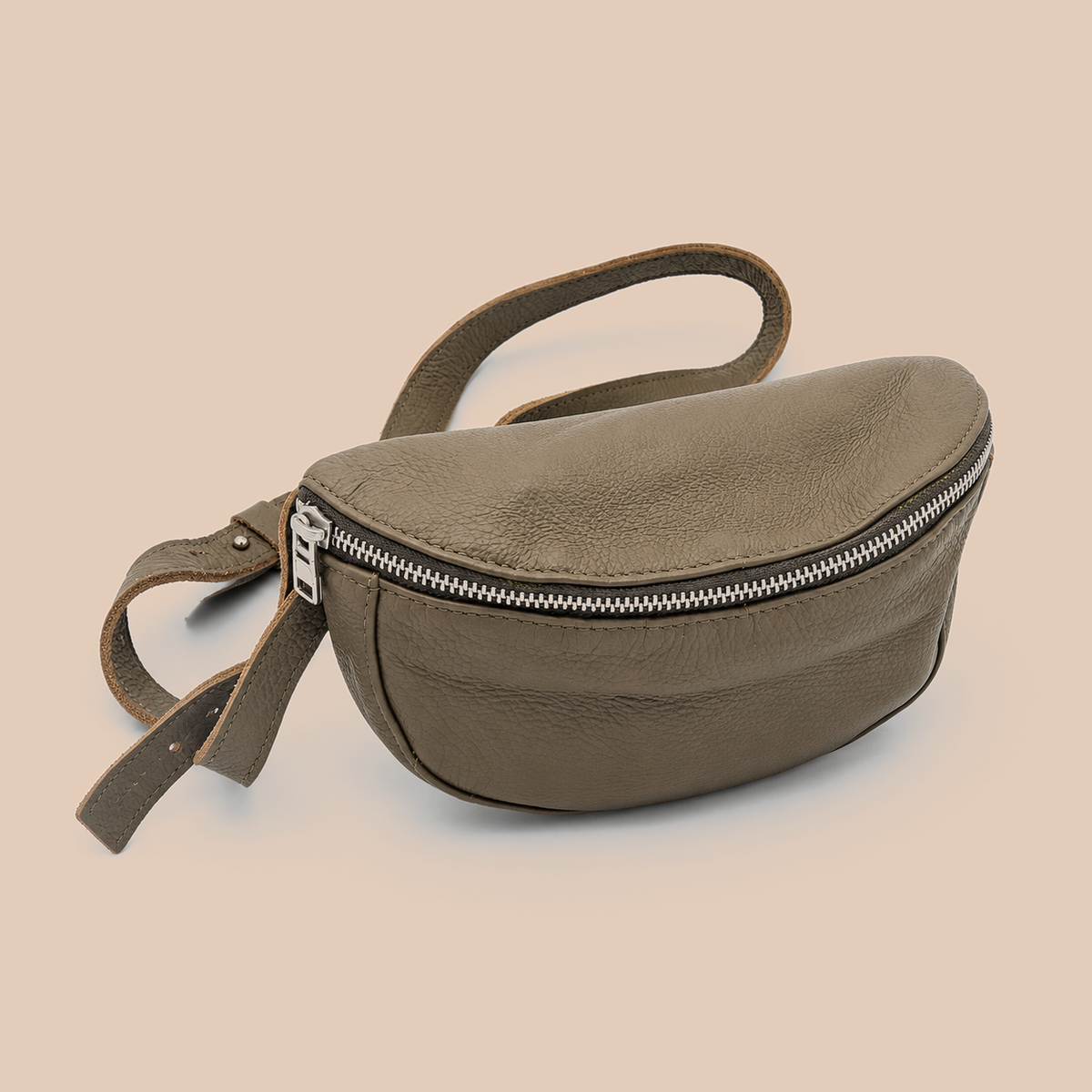 Handcrafted Cowhide Leather Waist Bag – Olive Green Grey with Silver Hardware