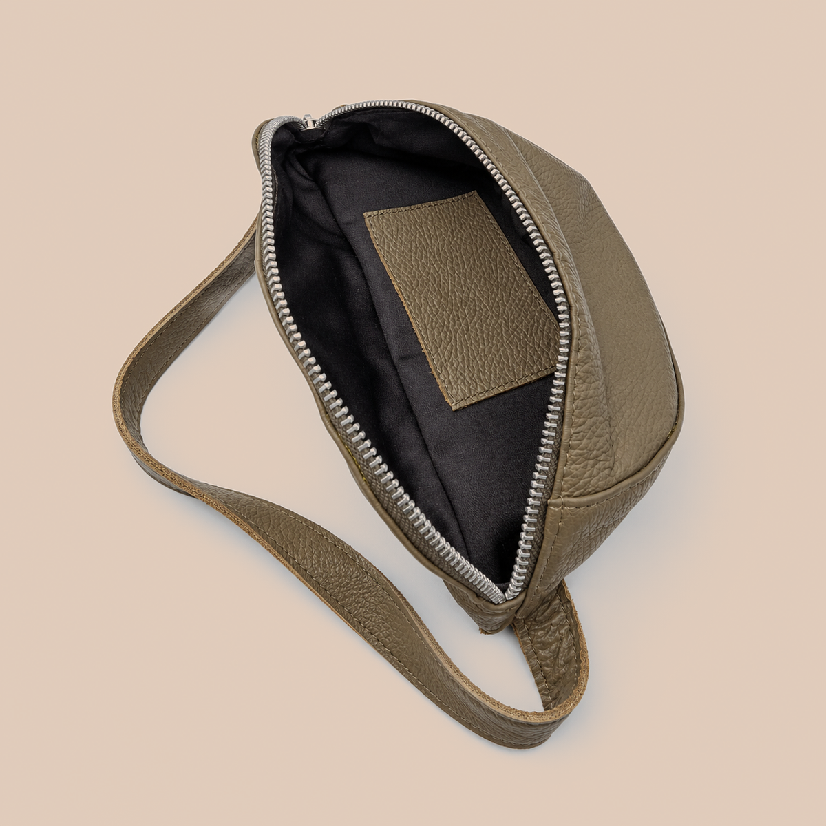 Handcrafted Cowhide Leather Waist Bag – Olive Green Grey with Silver Hardware