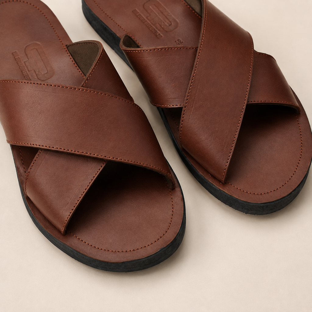 OWINO Men’s Leather Cross-Strap Slide Sandals with Upcycled Rubber Sole