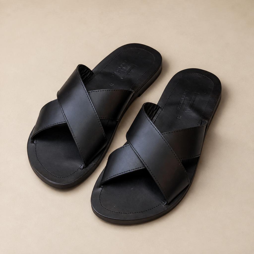 OWINO Men’s Leather Cross-Strap Slide Sandals with Upcycled Rubber Sole