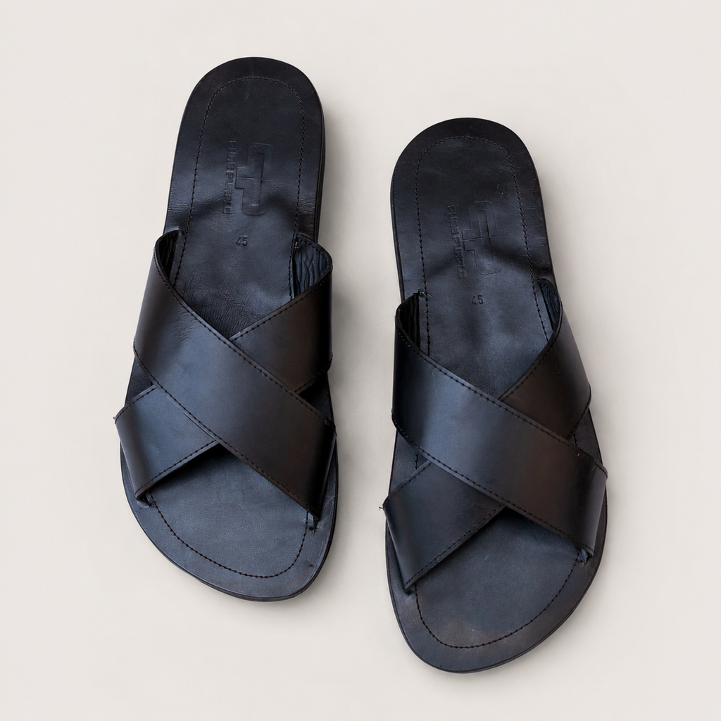 OWINO Men’s Leather Cross-Strap Slide Sandals with Upcycled Rubber Sole