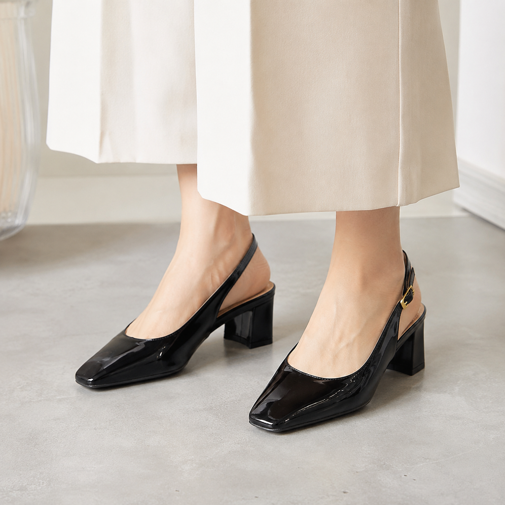 Women’s Vegan Leather Slingback Block Heels – Black & Mauve