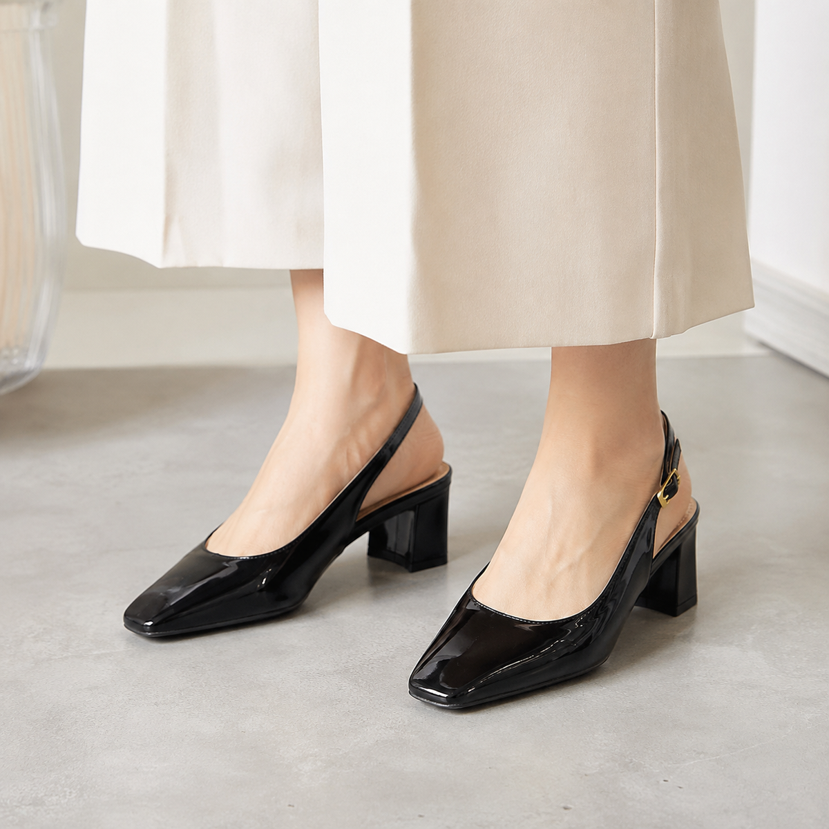 Women’s Vegan Leather Slingback Block Heels – Black & Mauve
