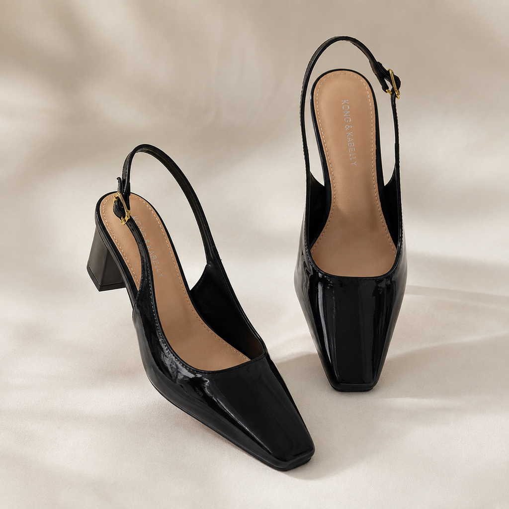 Women’s Vegan Leather Slingback Block Heels – Black & Mauve