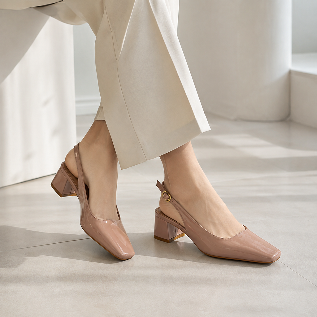 Women’s Vegan Leather Slingback Block Heels – Black & Mauve