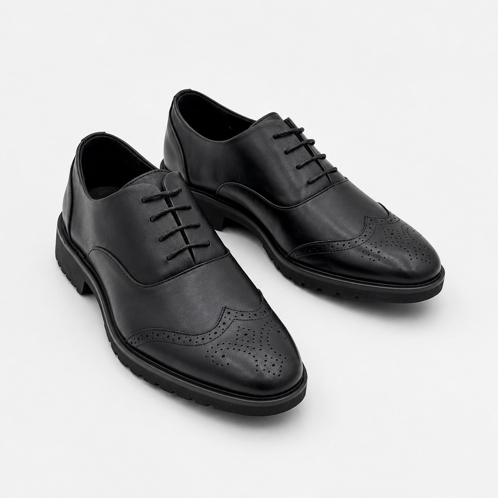 Men’s Black Leather Brogue Derby Shoes with Lug Sole