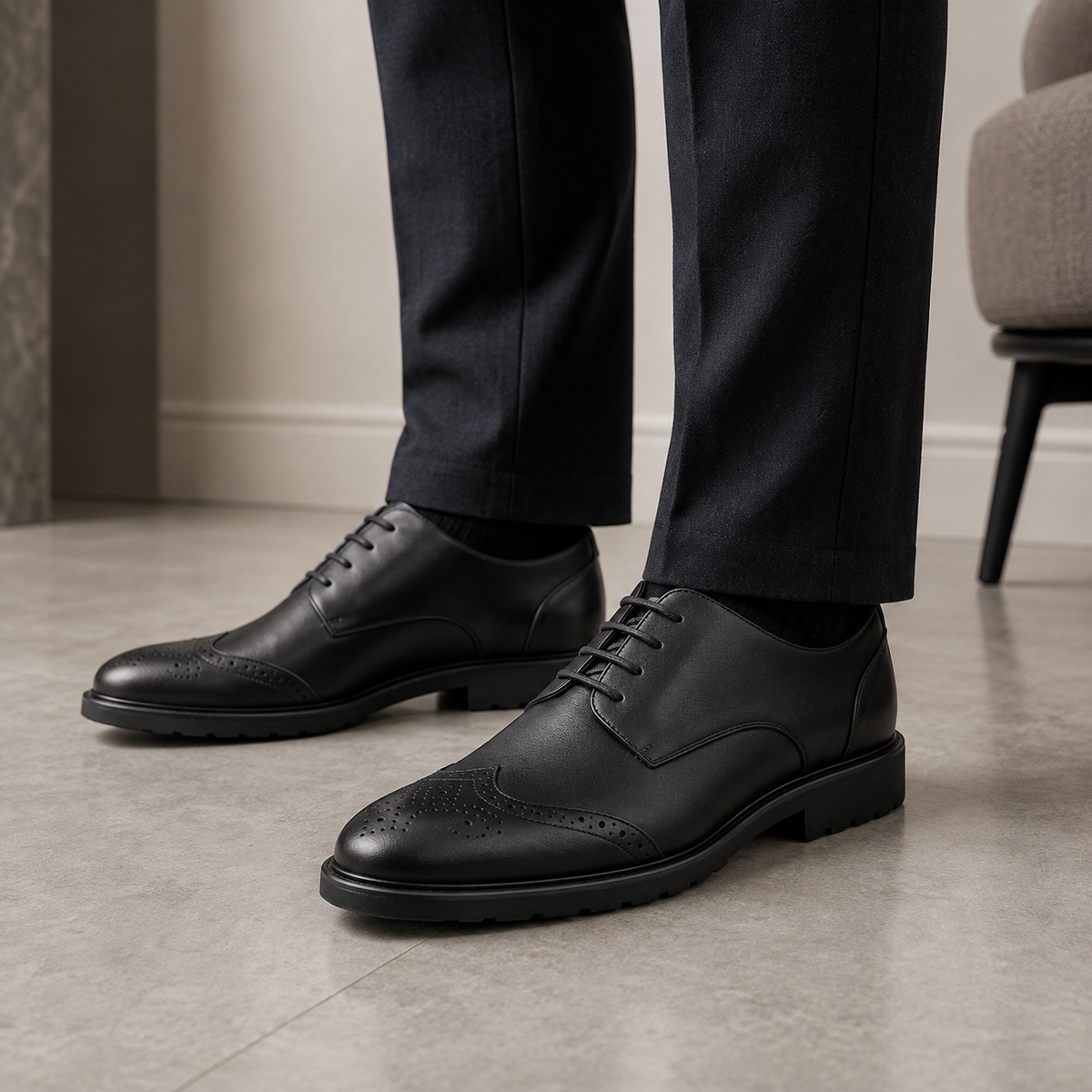 Men’s Black Leather Brogue Derby Shoes with Lug Sole