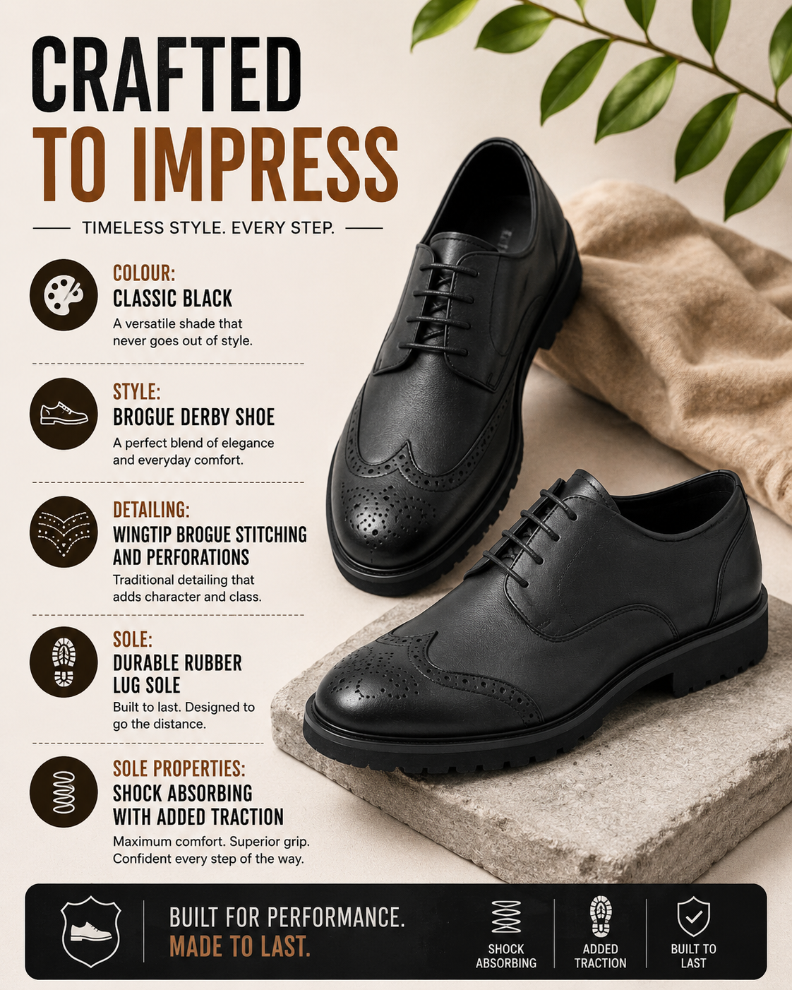 Men’s Black Leather Brogue Derby Shoes with Lug Sole
