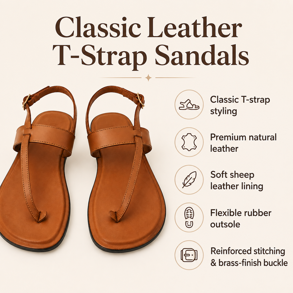 HAWI_Women’s Classic Leather T-Strap Slingback Sandals with Gold-Finish Buckle